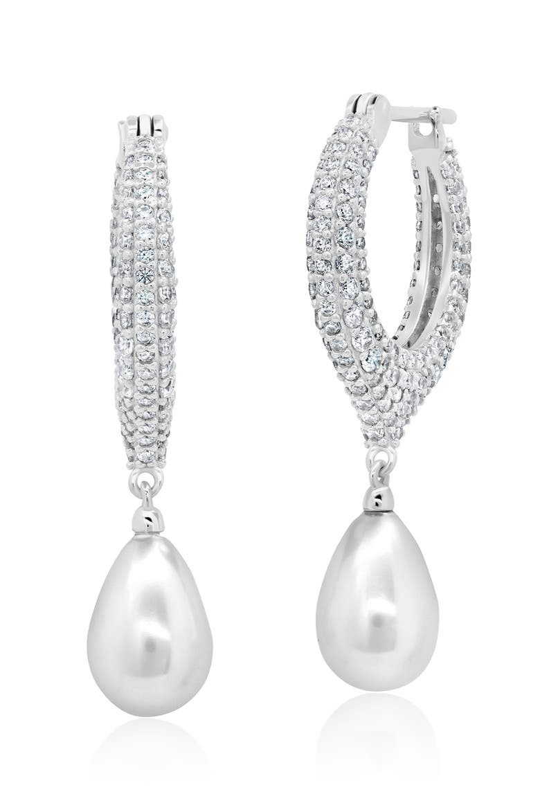 Teardrop Pearl & Pavé Drop Earrings, Main, color, PURE PLATINUM/ PEARL