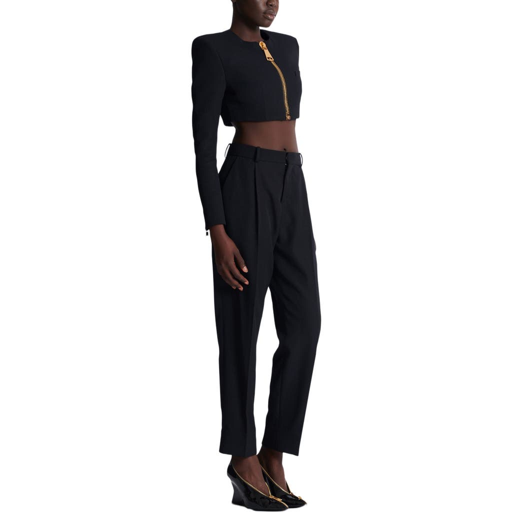 Balmain Cropped Jacket In Grain De Poudre Wool In Black