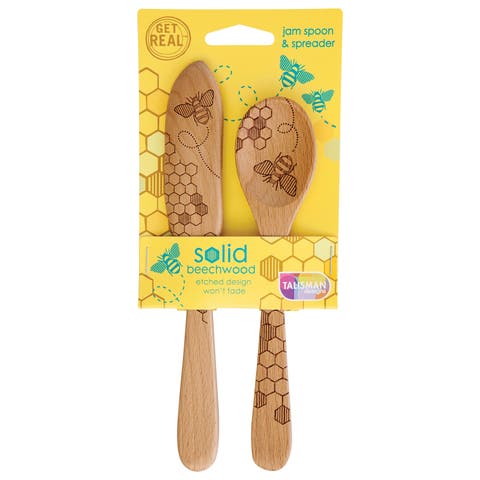 Laser Etched Beechwood Jam Spoon & Spreader Set, Honey Bee Collection, Set of 2