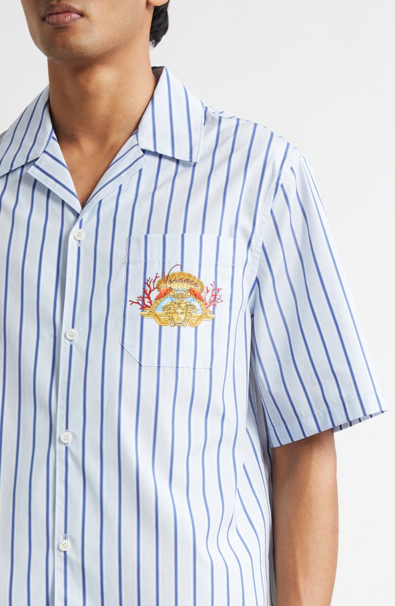 Versace Dive in Crest Cotton Poplin Camp Shirt, Alternate, color, Blue Stripes Multi