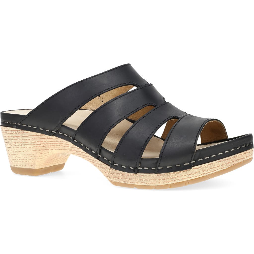 Dansko Lyndi Platform Slide Sandal In Black Oiled Pull Up