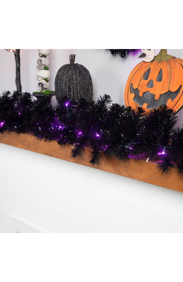 Northlight Pre-Lit Black Crystal Pine Artificial Halloween Garland - 9' x 12" - LED Purple, Alternate, color, 