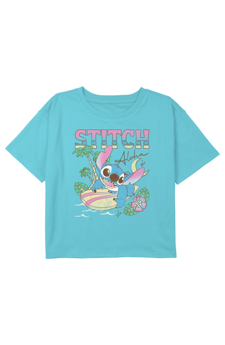 Lilo & Stitch Girl's Lilo & Stitch Surfing Aloha Stitch Graphic T-Shirt, Main, color, Blue