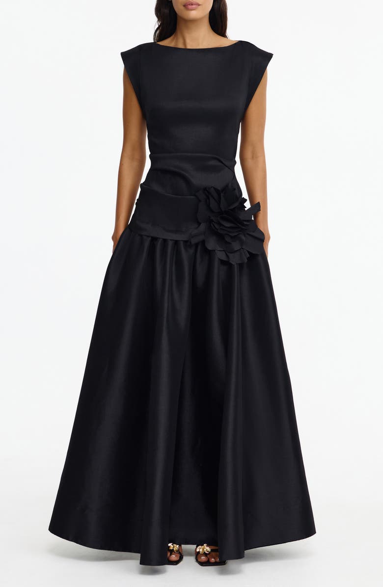 Acler Delph Ruched Floral Appliqué Satin Drop Waist Gown, Main, color, Black