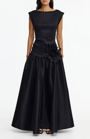 Acler Delph Ruched Floral Appliqué Satin Drop Waist Gown