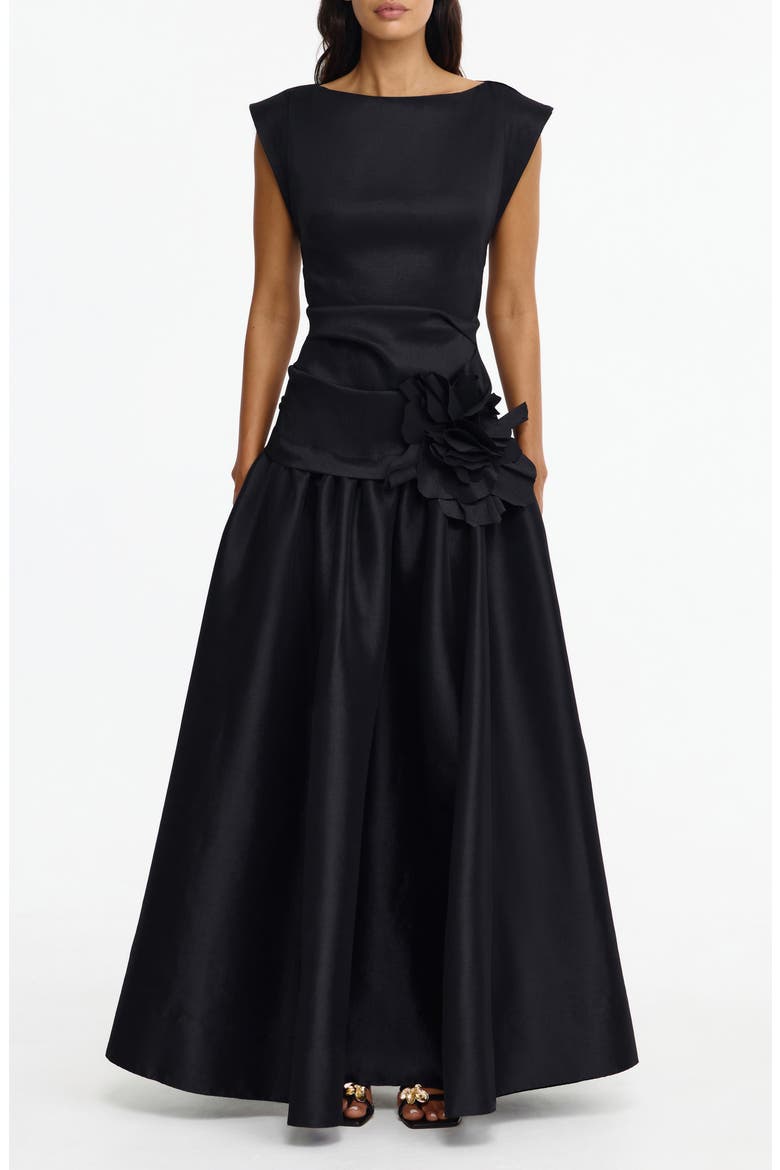 black satin drop waist dress Miss Circle Women Noreen Black Satin Drop Waist Maxi Sundress