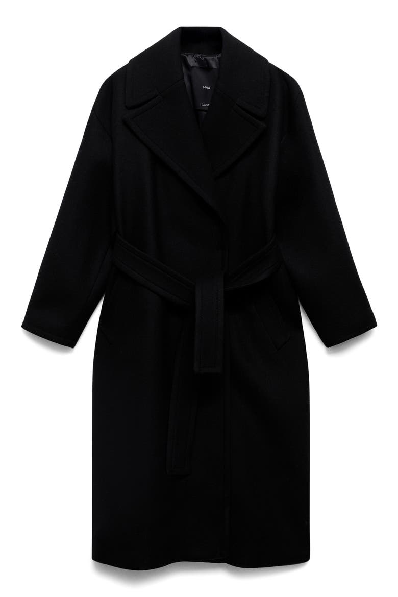 Belted Wool Blend Coat, Alternate, color, BLACK