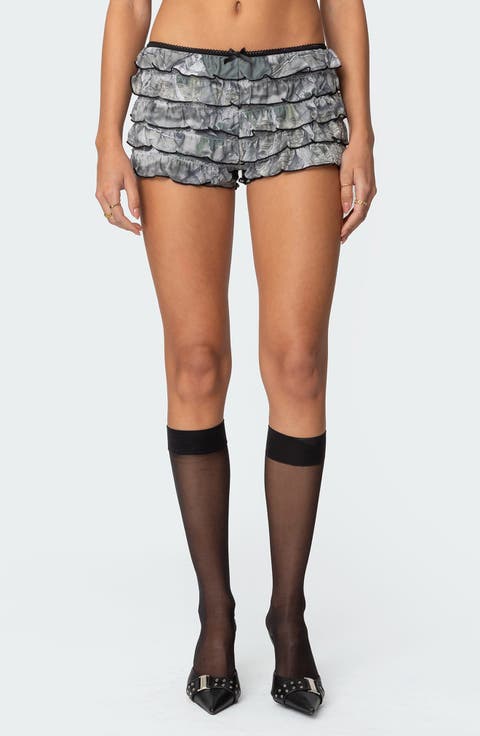 Ruffle Camo Mesh Low Rise Micro Shorts
