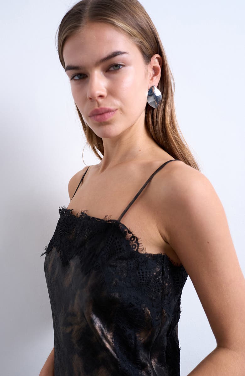 Topshop Lace Trim Satin Maxi Dress, Alternate, color, Silver Black Print