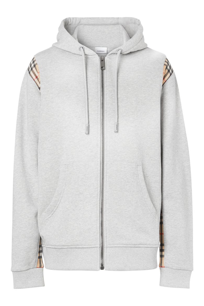 Check Panel Cotton Hoodie, Alternate, color, PALE GREY MELANGE