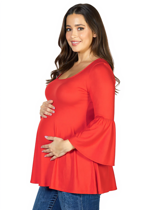 24seven Comfort Apparel Long Bell Sleeve Flared Maternity Tunic Top In Red