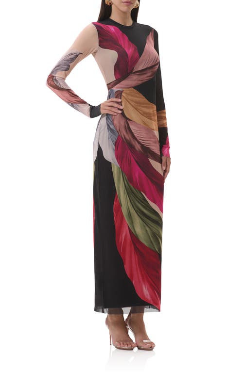 Afrm Didi Printed Long Sleeve Mesh Maxi Dress In Multi