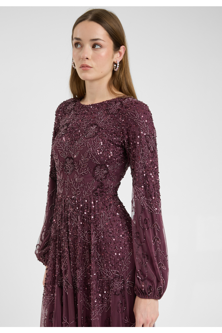 Modest Embellished Sequin Beaded Dress Maxi With Boat Neck, Alternate, color, MAUVE