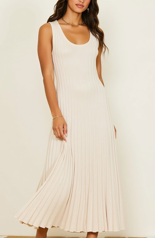 Modenaire Sleeveless Ribbed Knit Midi Dress With Flowy Pleated Hem In White