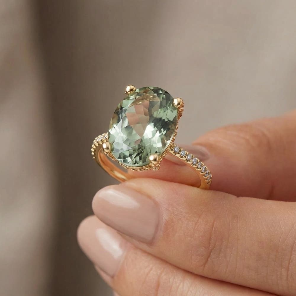 Bliss Diamond 5 3/4Ct Oval Green Amethyst Diamond Side Halo Ring 14k ...
