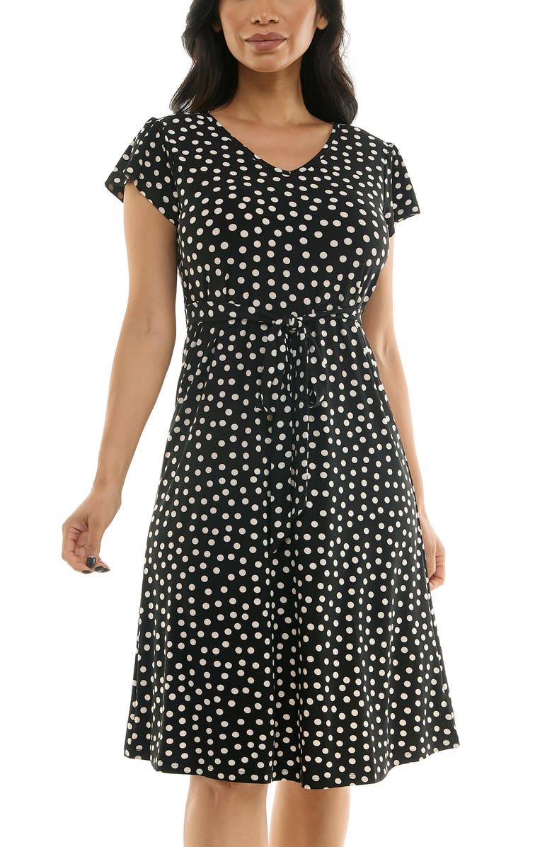 Nina Leonard Polka Dot Cap Sleeve Midi Dress, Alternate, color, Black/ Vanilla Ice