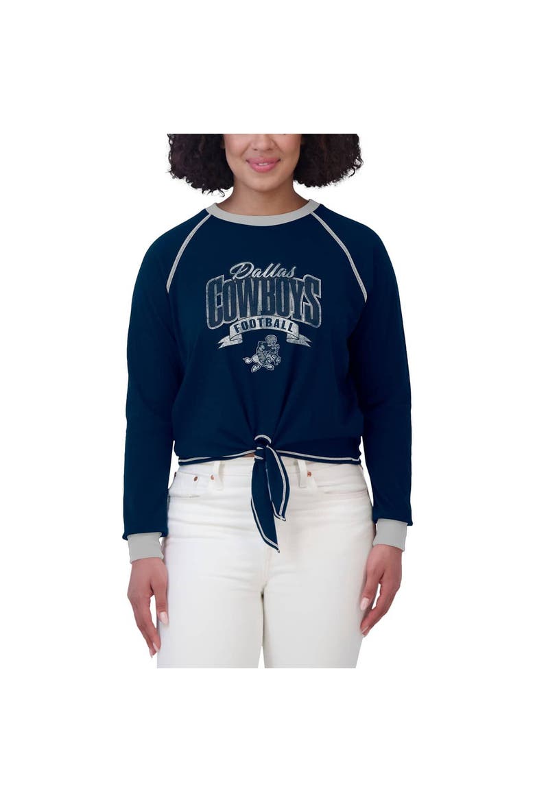 Women's WEAR by Erin Andrews Navy/ Dallas Cowboys Tie-Front Long Sleeve Top, Alternate, color, Navy