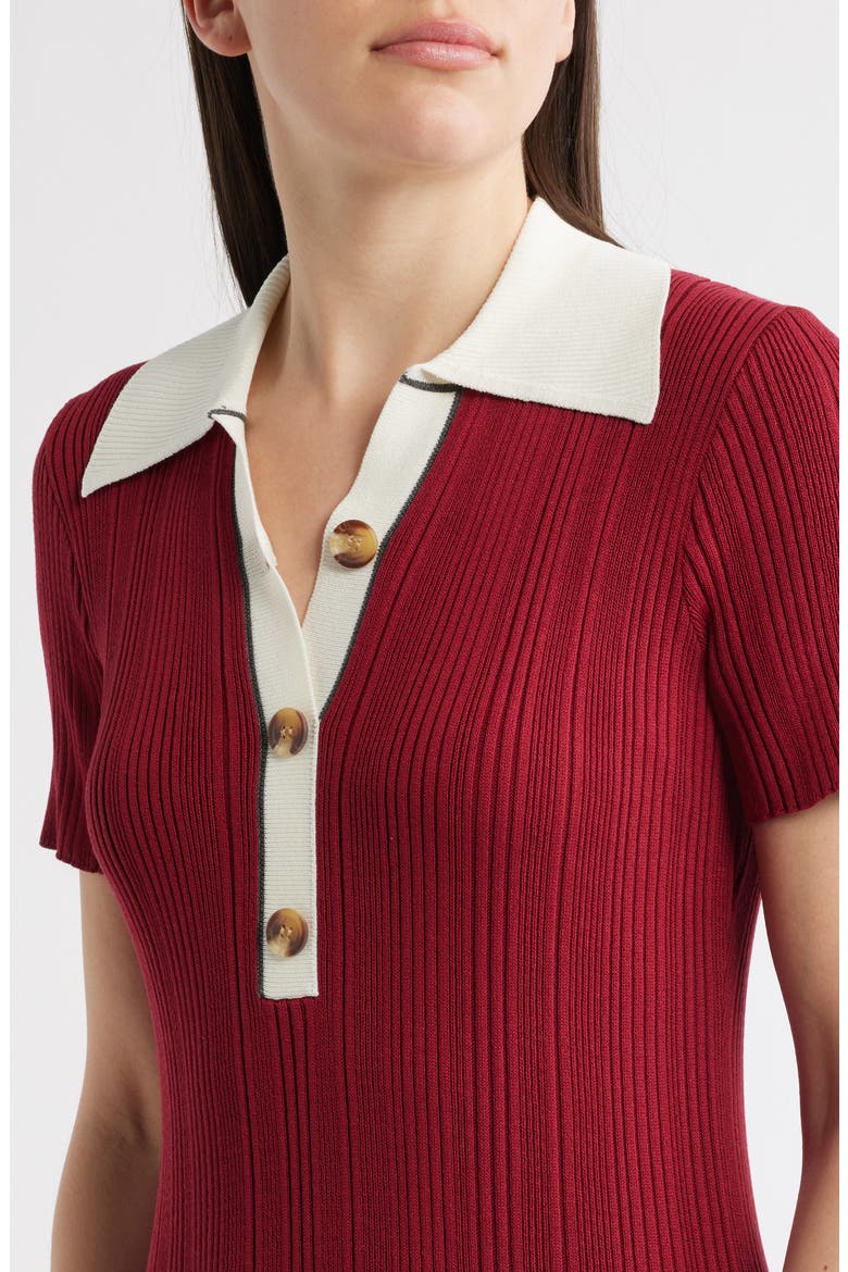 Short Sleeve Rib Polo Sweater Dress, Alternate, color, RED/ IVORY