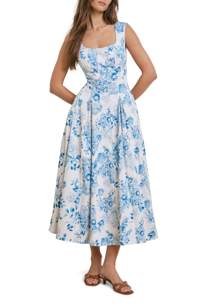 The Muse Floral Stretch Cotton Midi Dress, Main, color, BLUE/ WHITE FLORAL