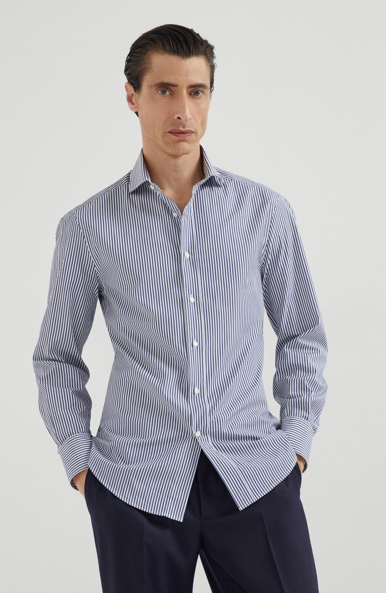 Brunello Cucinelli Striped poplin shirt, Alternate, color, Navy Blue