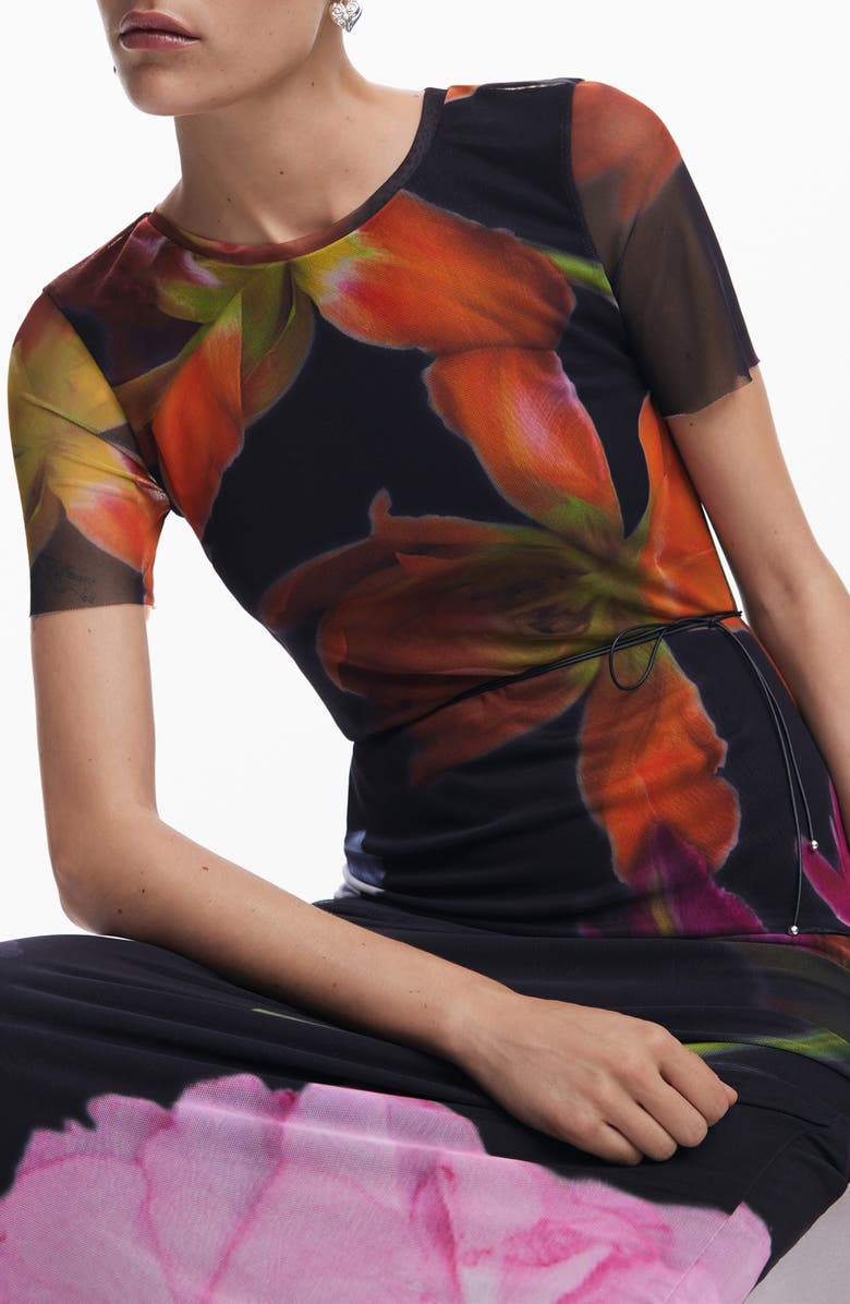 Desigual Floral Mesh Maxi Dress, Alternate, color, Black