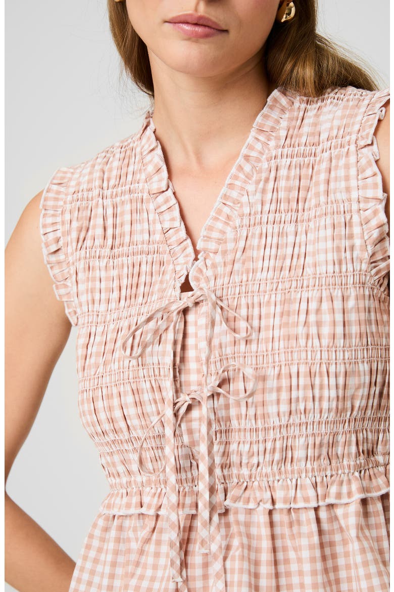 Rhodes Ruffle Smocked Peplum Cotton Poplin Top, Alternate, color, PETITE GINGHAM ALMOND