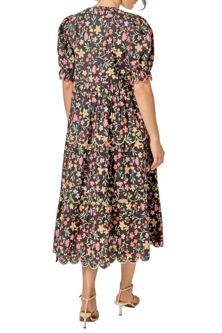 Scallop Edge Floral Print Midi Dress, Alternate, color, BLACK