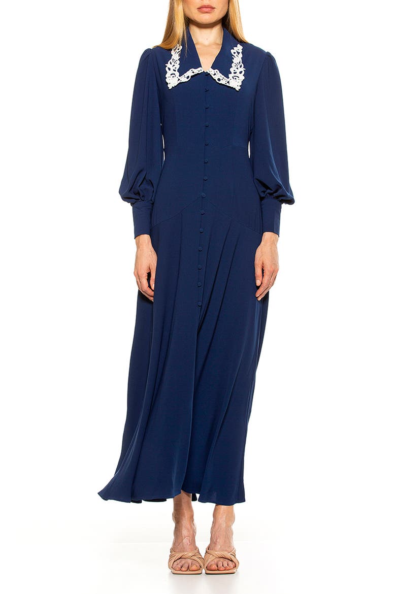 Lace Trim Collar Long Blouson Sleeve Maxi Dress, Main, color, NAVY/ IVORY