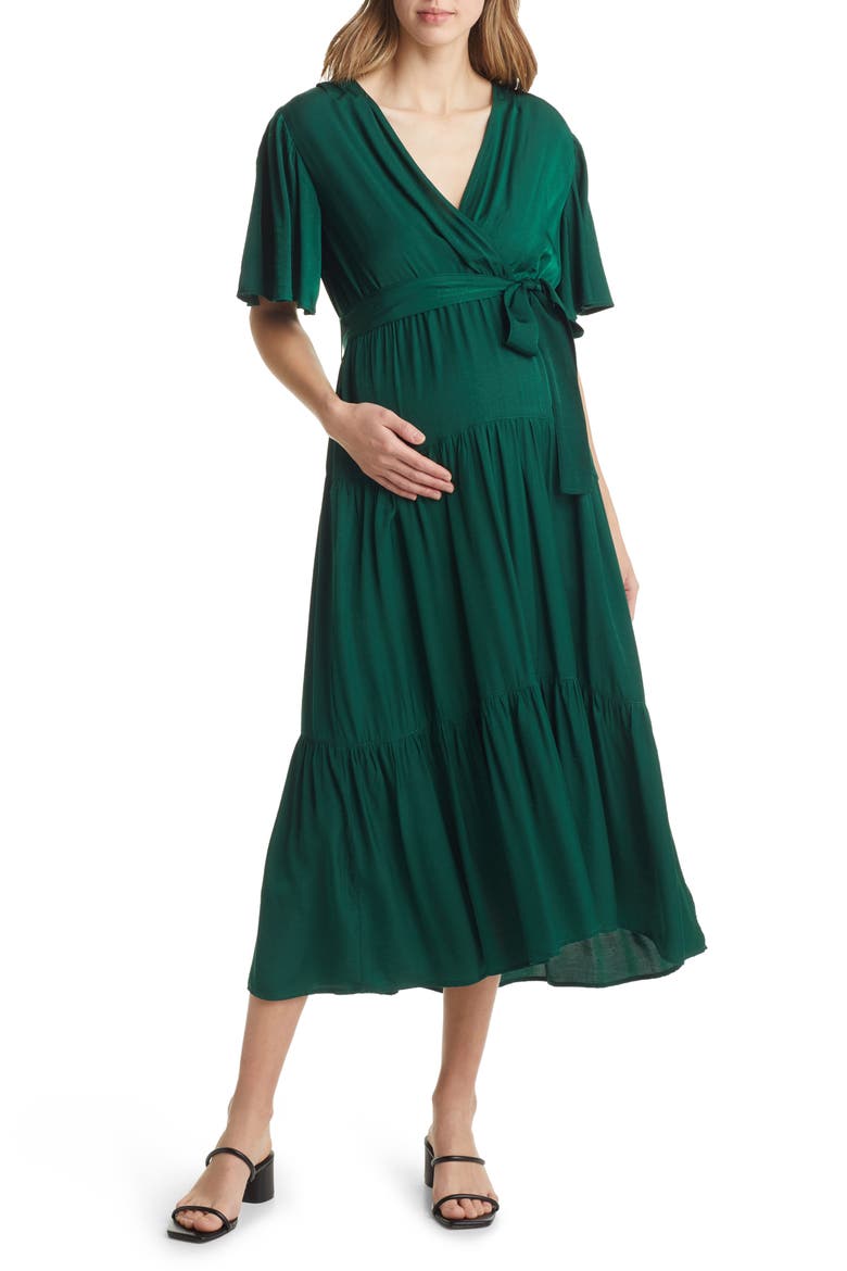 Crossover Faux Wrap Maternity Maxi Dress, Main, color, GREEN
