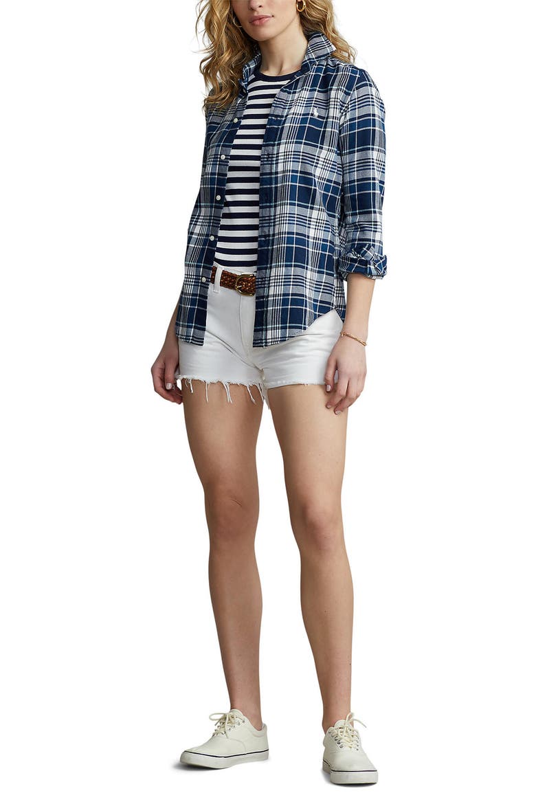 Slim Fit Plaid Cotton Button-Up Shirt, Alternate, color, NAVY/ BLUE MULTI PLAID