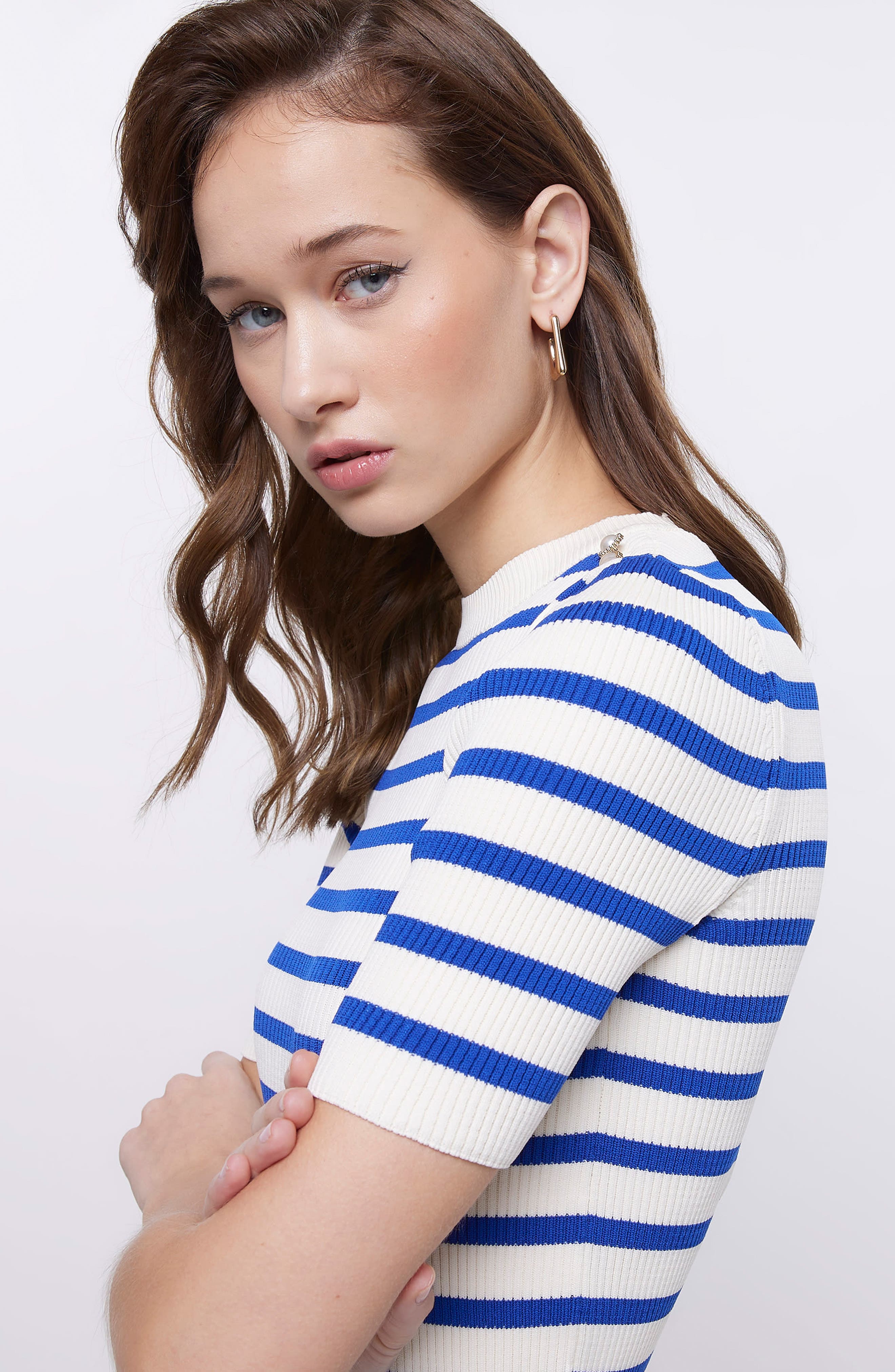River Island Stripe Button Shoulder Rib Knit Top (Women) | Nordstrom