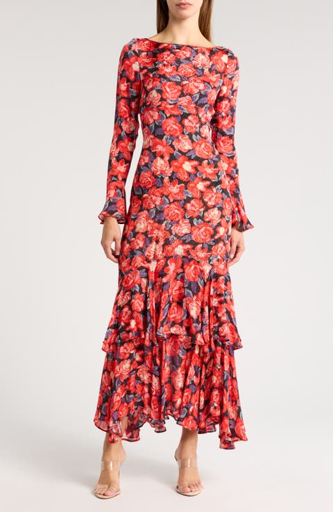 Cher Floral Long Sleeve Tiered Mermaid Gown