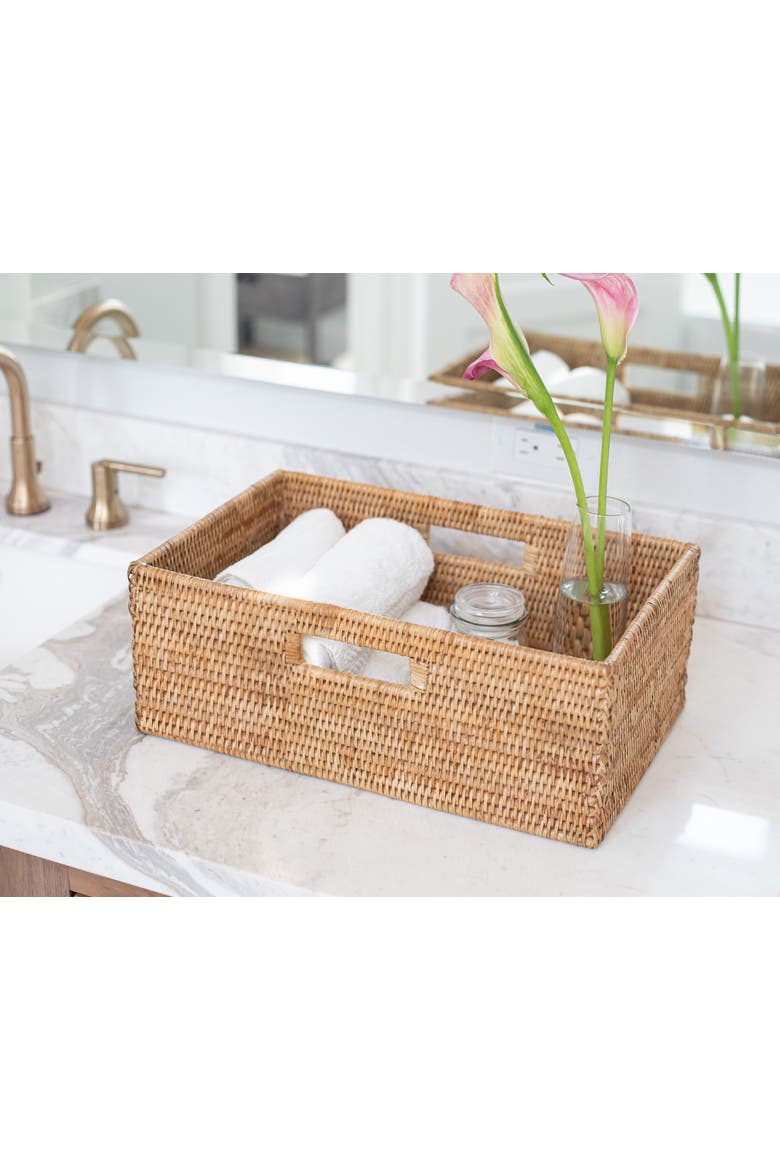 Rectangular Rattan Shelf Basket with Side Handles, Alternate, color, Honey Brown