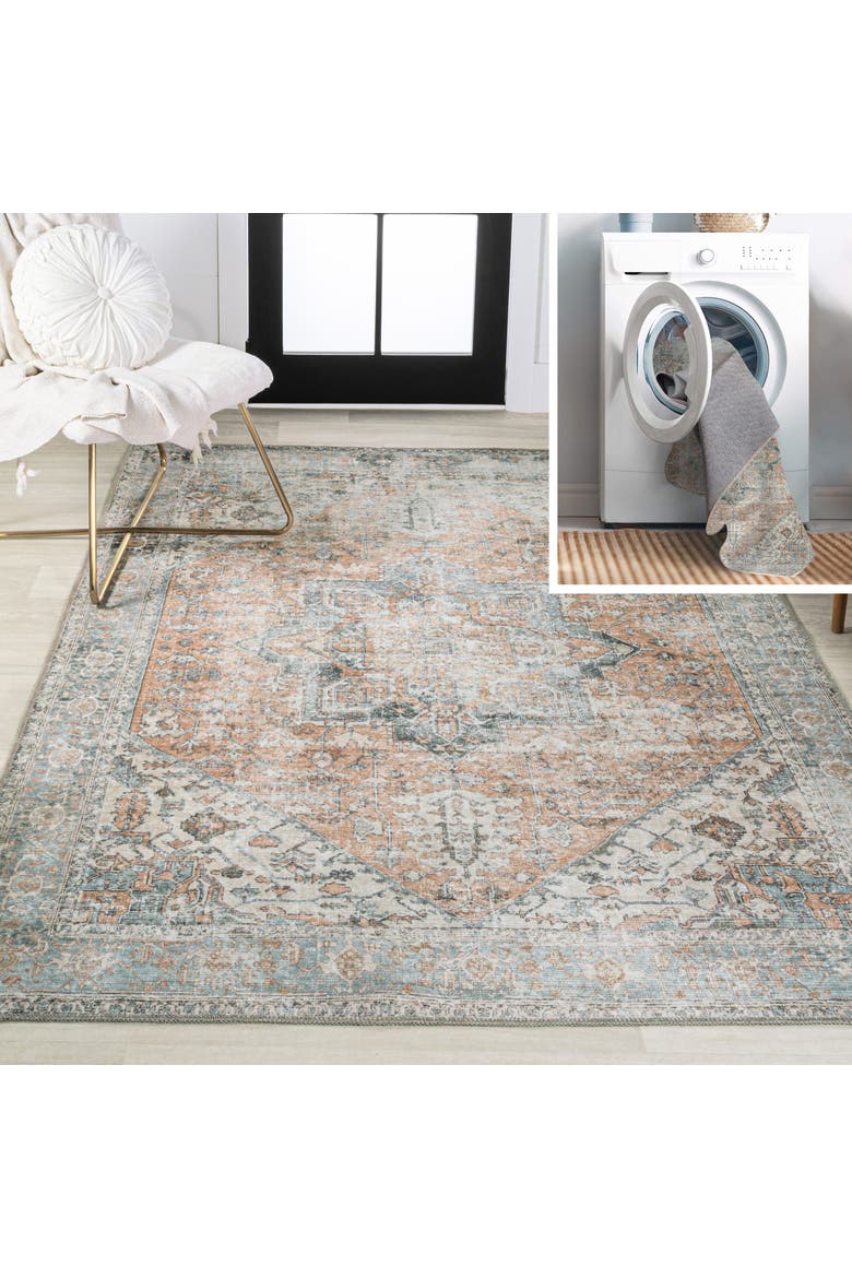Armae Distressed Medallion Chenille Machine-Washable Area Rug, Main, color, Terra/Blue