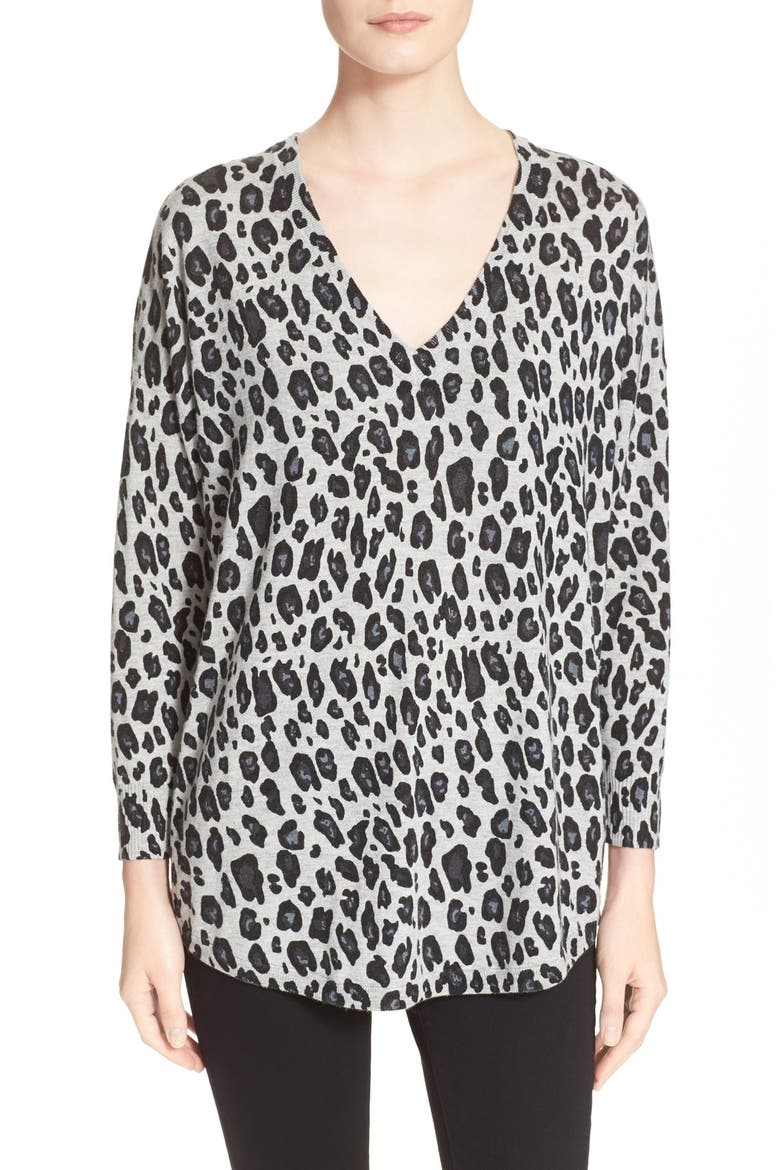 'Chyanne' Leopard Print V-Neck Pullover, Main, color, LEOPARD GREY