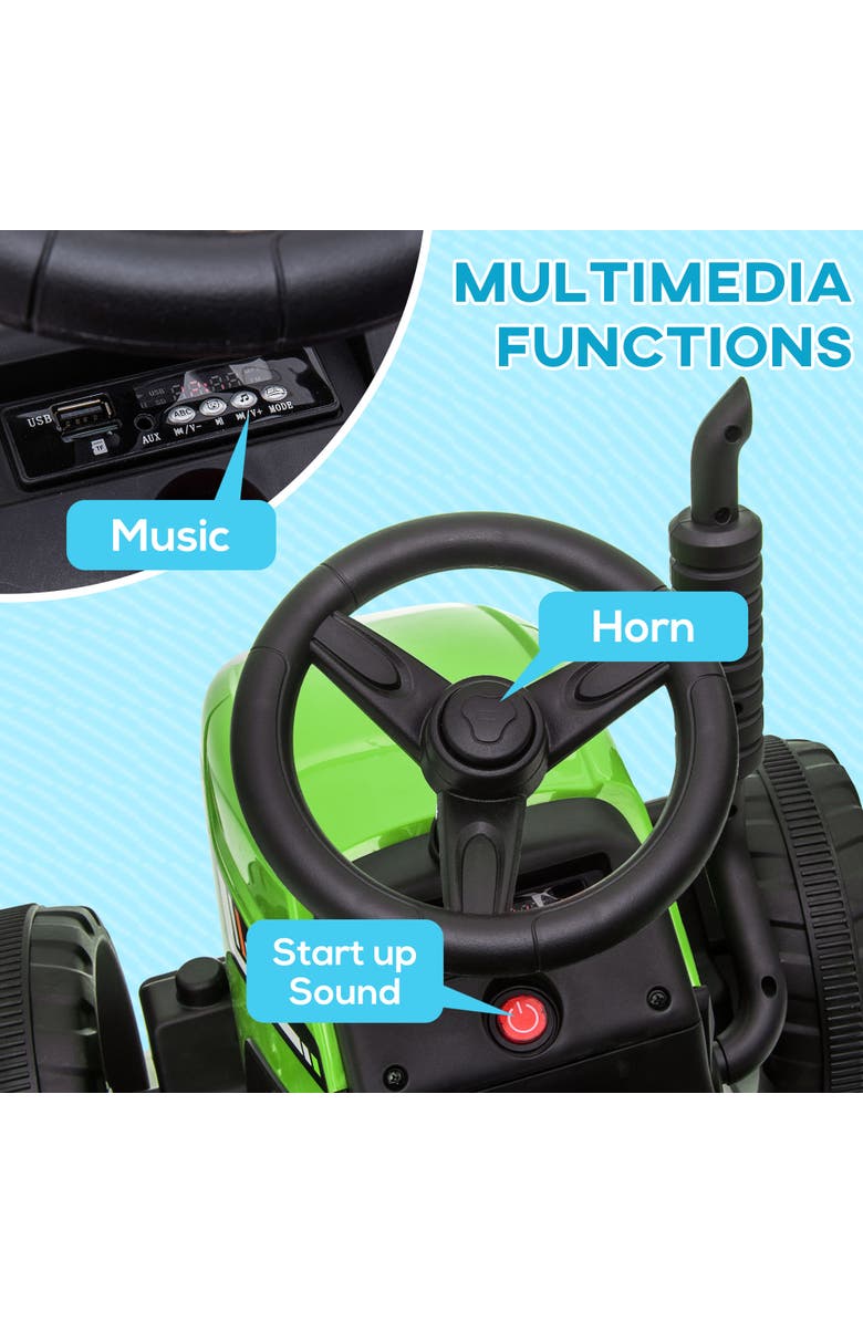 Aosom 12V Kids Ride on Tractor with Trailer, 25W Dual Motors, Remote Control, Music, Startup Sound, Horn, Lights, Alternate, color, Green