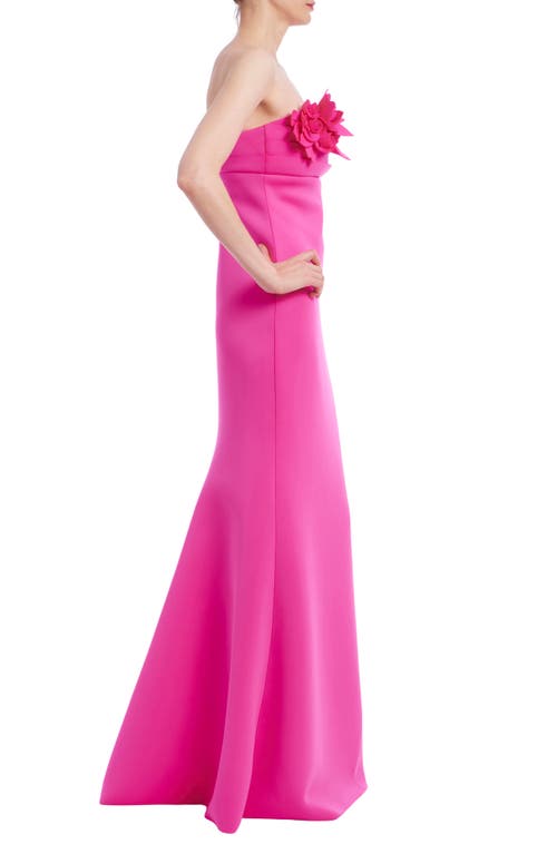 Badgley Mischka Strapless Floral Applique Scuba Gown In Fuchsia