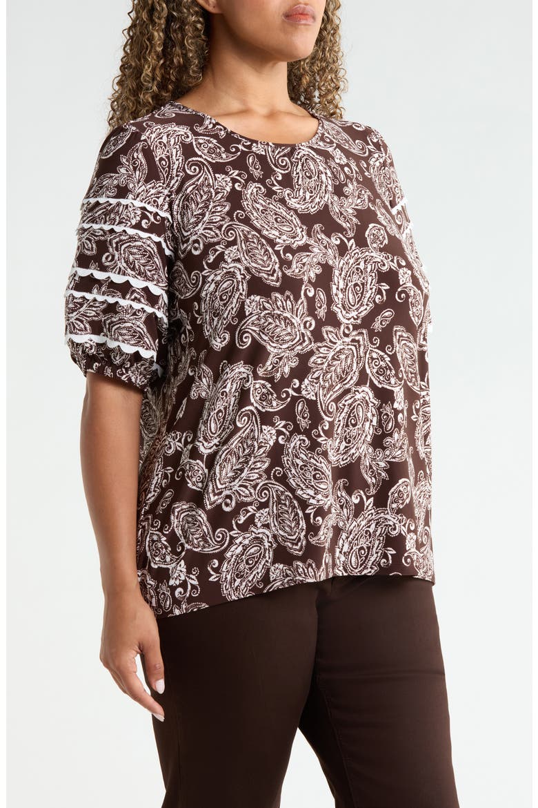 Rickrack Puff Sleeve Top, Alternate, color, FUDGE / WHITE SAND MULTI