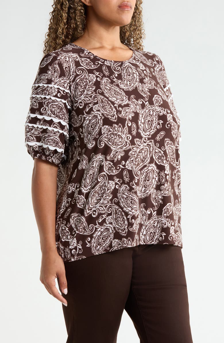 Jones New York Rickrack Puff Sleeve Top, Alternate, color, Fudge / White Sand Multi