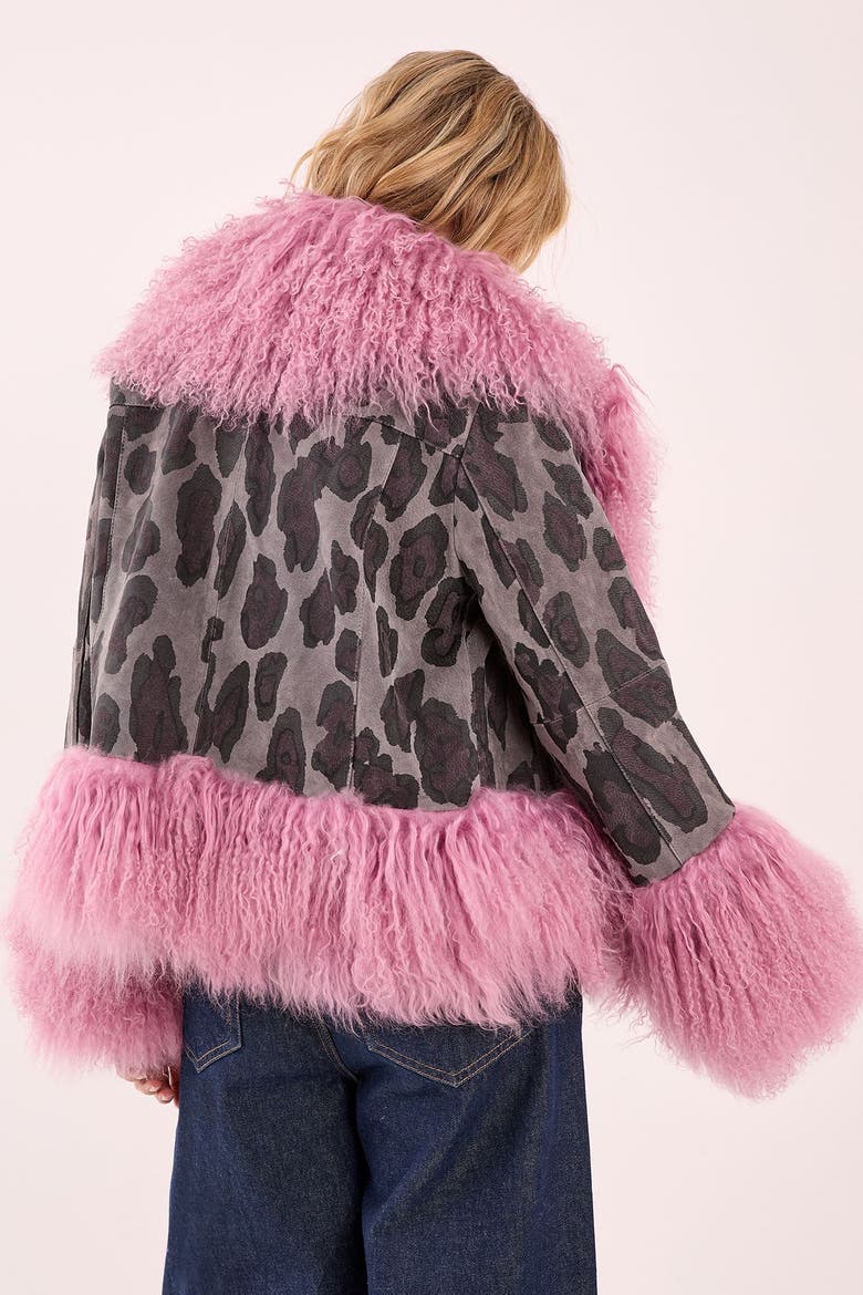 Printed Shearling Leather Jacket, Alternate, color, Charcoal