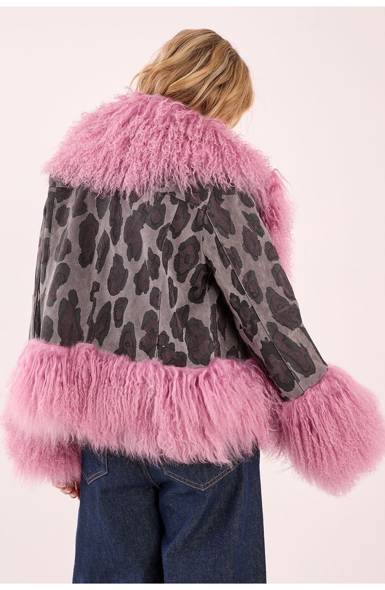 NASTY GAL Printed Shearling Leather Jacket, Alternate, color, Charcoal