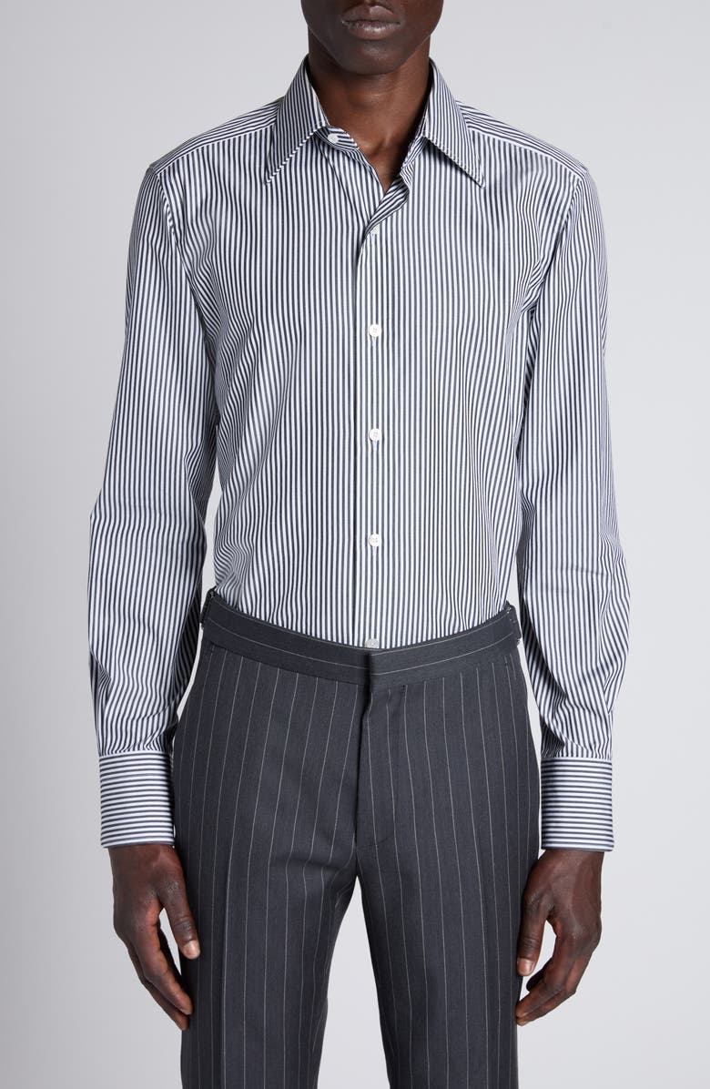 TOM FORD Stripe Cotton Blend Button-Up Shirt, Main, color, White/ Black