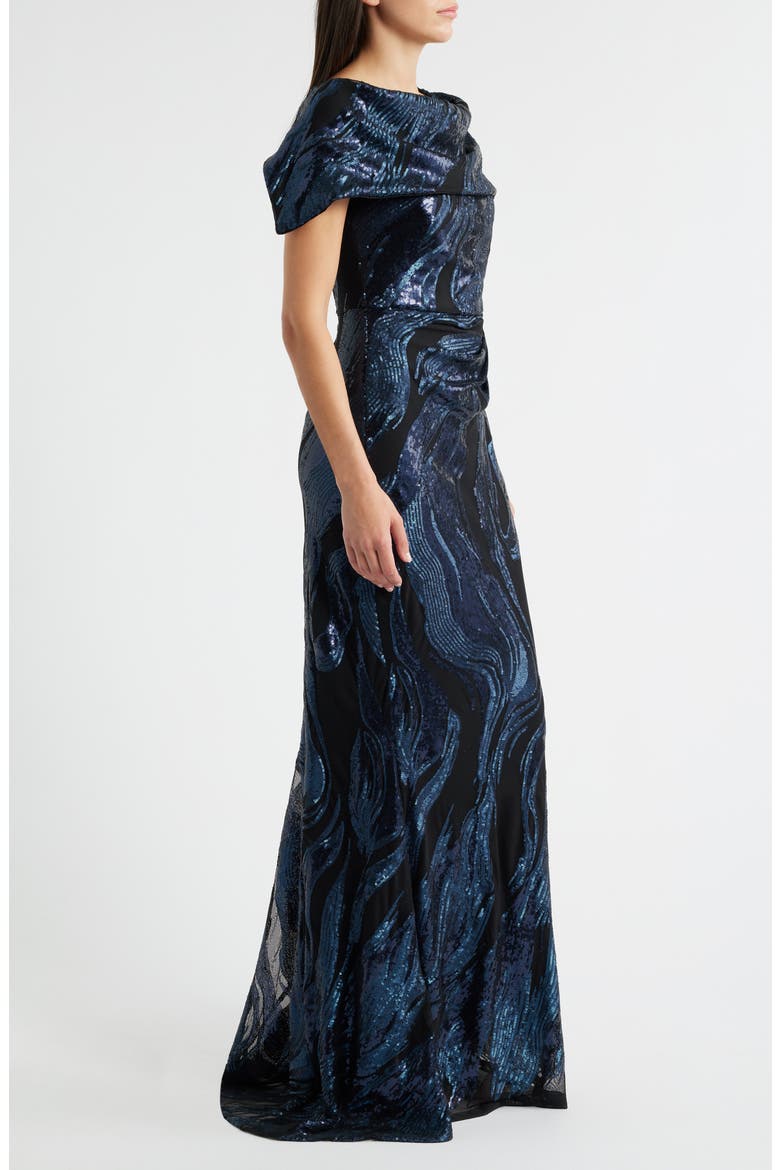 Sequin Wave Off the Shoulder Gown, Alternate, color, NAVY