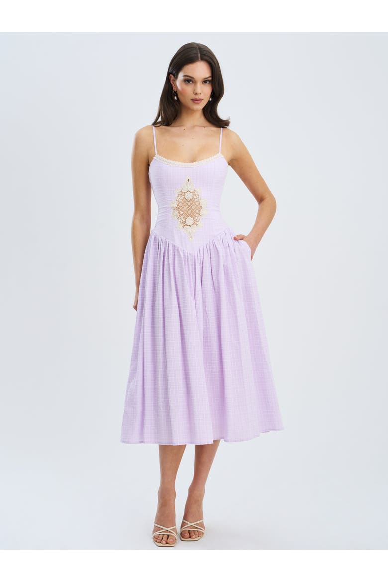 Jaclyn Lace Trim Cutout Seersucker Midi Dress, Alternate, color, Lavender