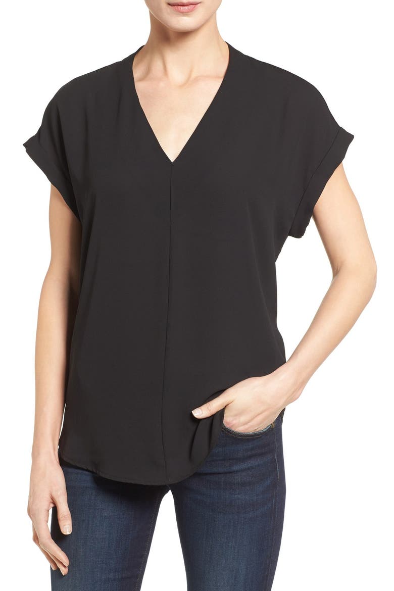 High/Low V-Neck Mixed Media Top, Main, color, BLACK