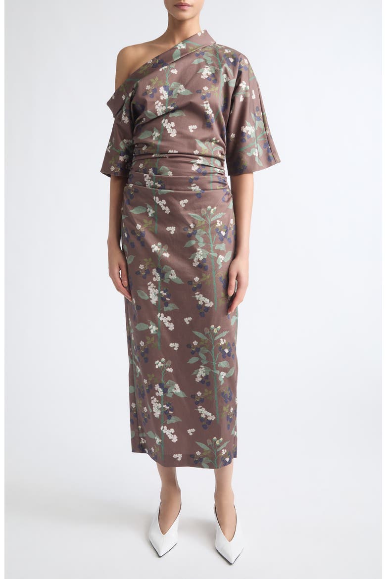 Bowery One-Shoulder Stretch Cotton Midi Dress, Main, color, BLACKBERRY BRANCHES