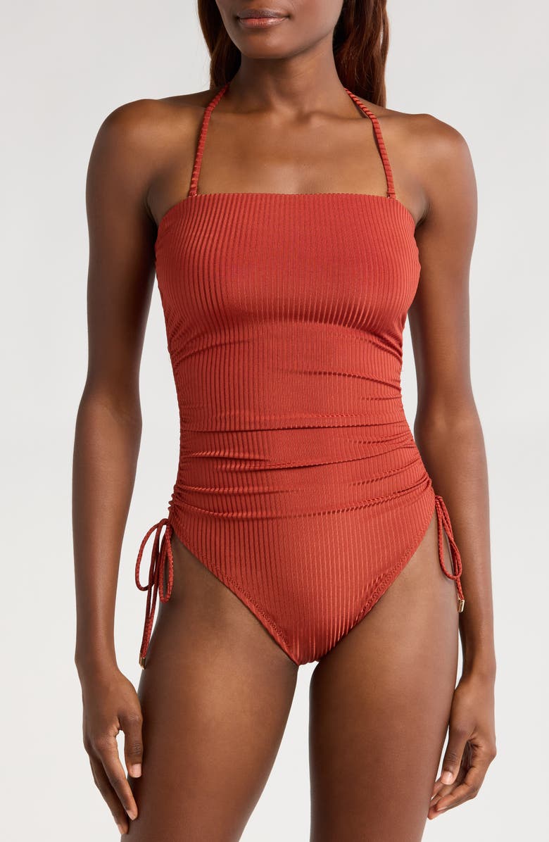 Robin Piccone Angela Strapless Cinched One-Piece Swimsuit, Alternate, color, Spice