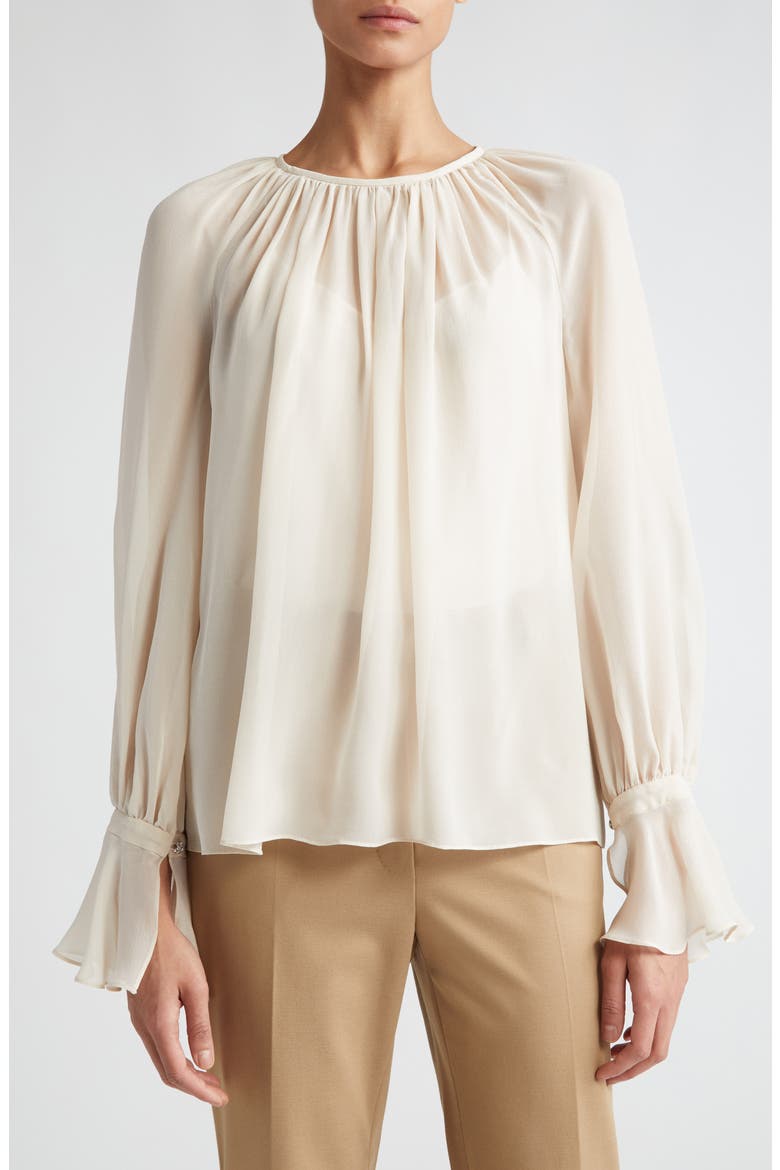 Yelina Semisheer Bell Sleeve Bow Back Silk Georgette Top, Main, color, BEIGE