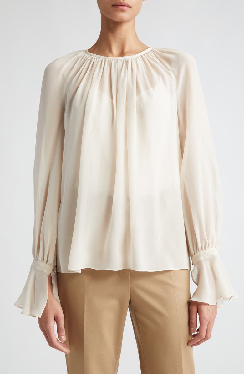 Max Mara Studio Yelina Semisheer Bell Sleeve Bow Back Silk Georgette Top, Main, color, 