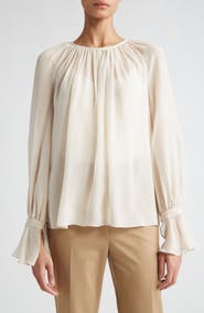 Max Mara Studio Yelina Semisheer Bell Sleeve Bow Back Silk Georgette Top